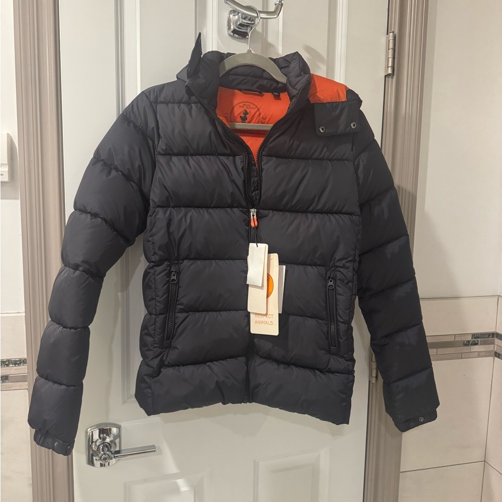 SAVE THE DUCK Black Puffer Jacket with Orange Lining